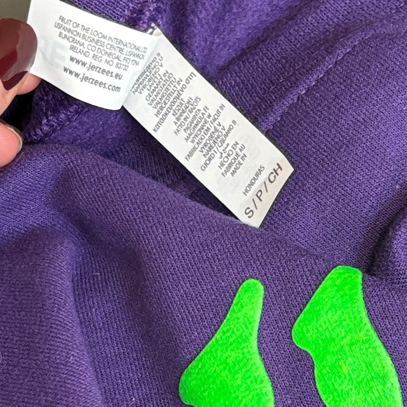 Horror Vibes Coffee Shop Logo Purple Crewneck Sweater Green Slime Puffy Graphic - Picture 3 of 3